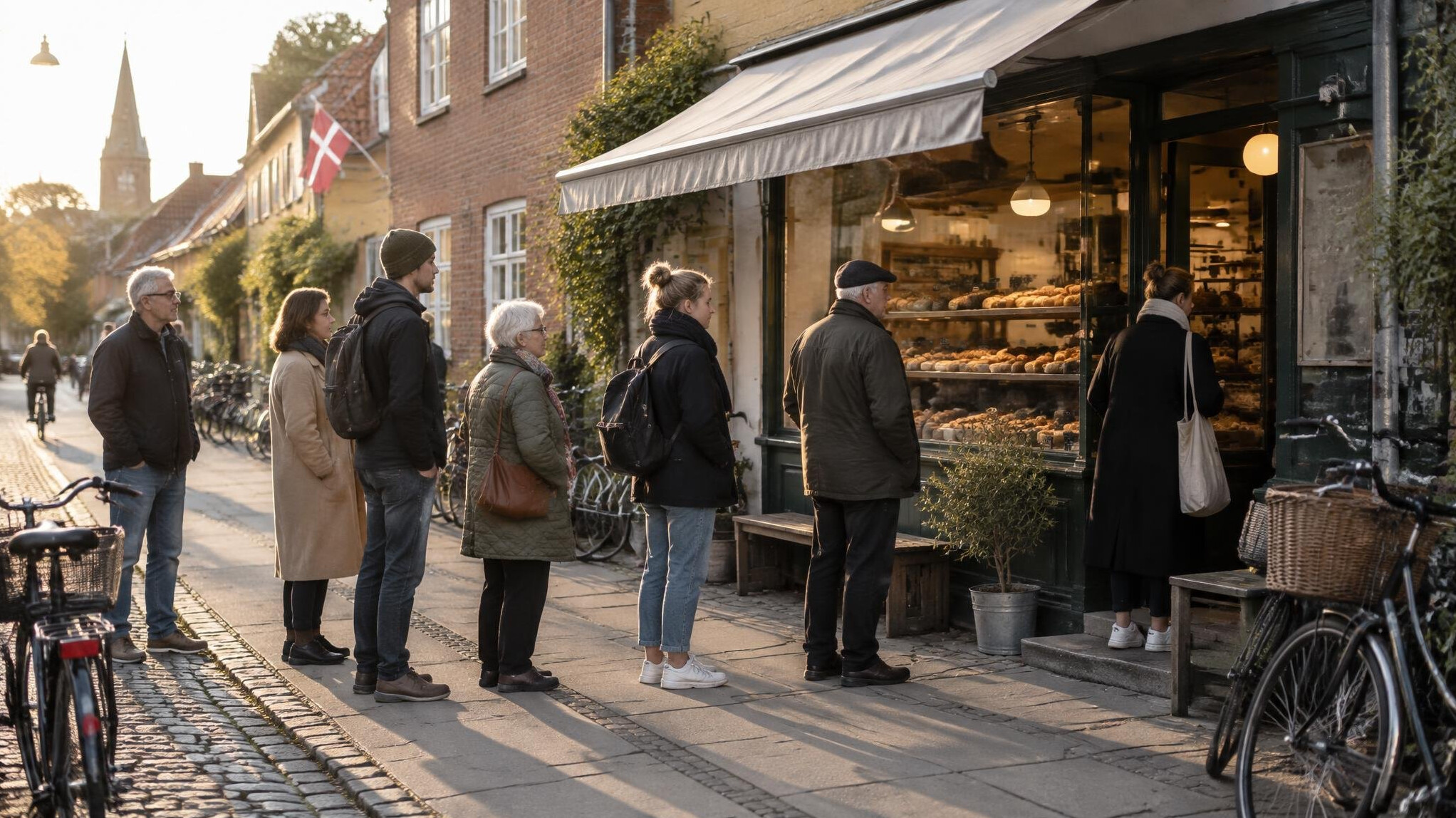 People lined up outside a bakery early in the morning in Denmark